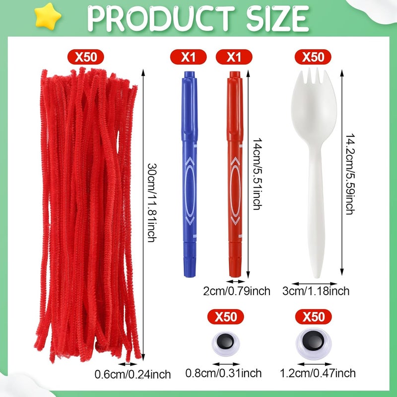 Relaxgiant 50 Set Fork Craft Kit DIY Disposable Creativity Sporks Red Pipe Cleaners Self Adhesive Wiggle Googly Eyes Make Your Own Craft Kit - Image 2